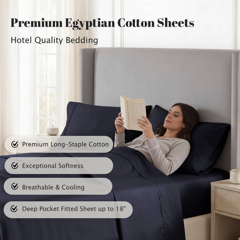 Superior Egyptian Cotton 530 TC Sheet Set Sateen Weave, Deep Pocket, Ultra‑Soft & Breathable Bedding