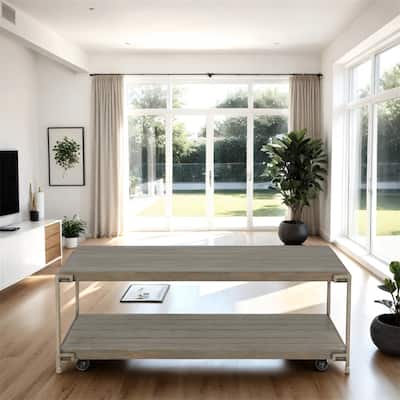 Metal Frame Wood Living Room Coffee Table with Casters