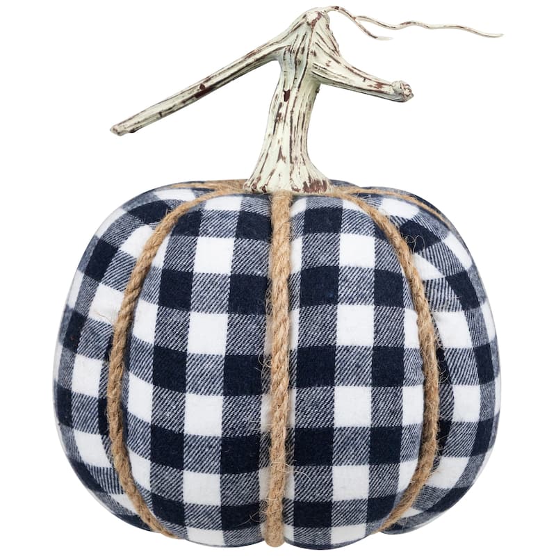 Buffalo Plaid Fall Harvest Pumpkin with Weathered Stem - 7.75" - Blue