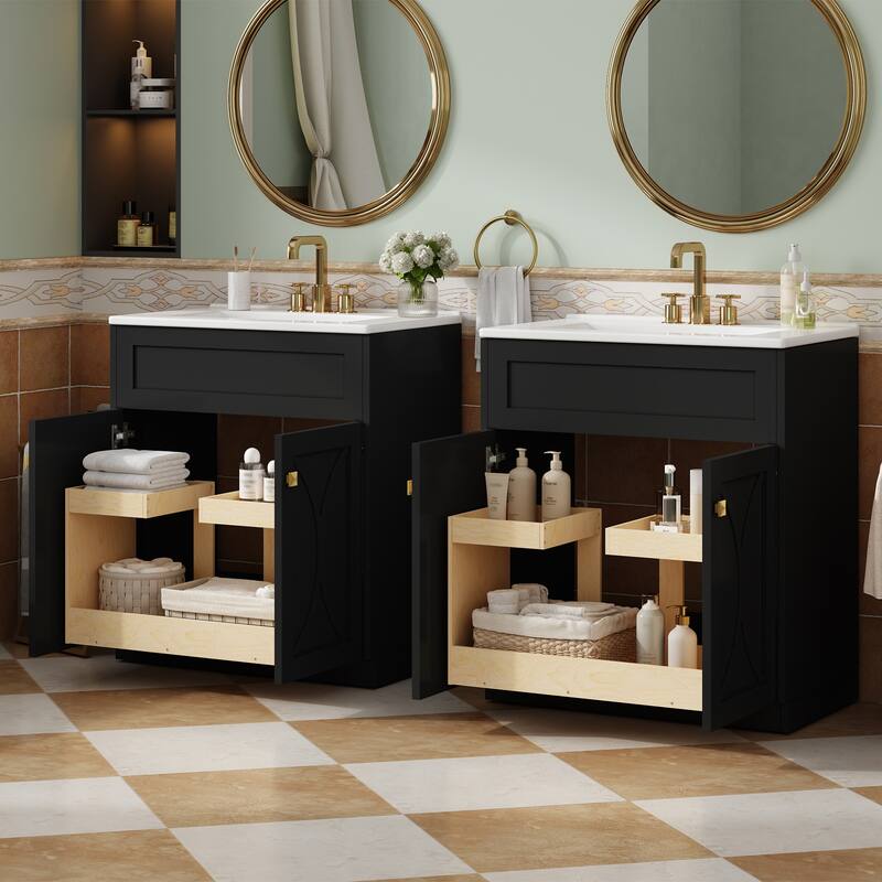60"Bathroom Vanity with Ceramic Sink Combo, Modern Freestanding Storage Cabinet with Gold Handles, Soft Closing Doors