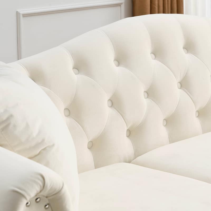 79" Beige Velvet 3 Seater Chesterfield Sofa with Nailhead and Two Pillows