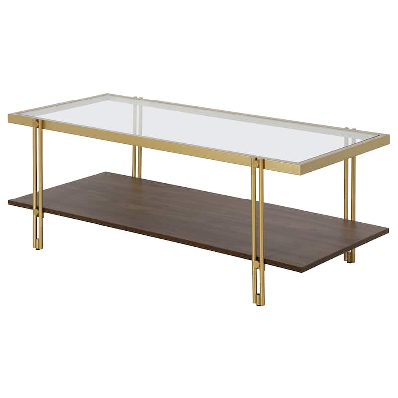 Stylish 45" Coffee Table with Brown Glass Top Gold Steel Legs and Storage Shelf for Living Room - 45"L x 20"W x 17"H