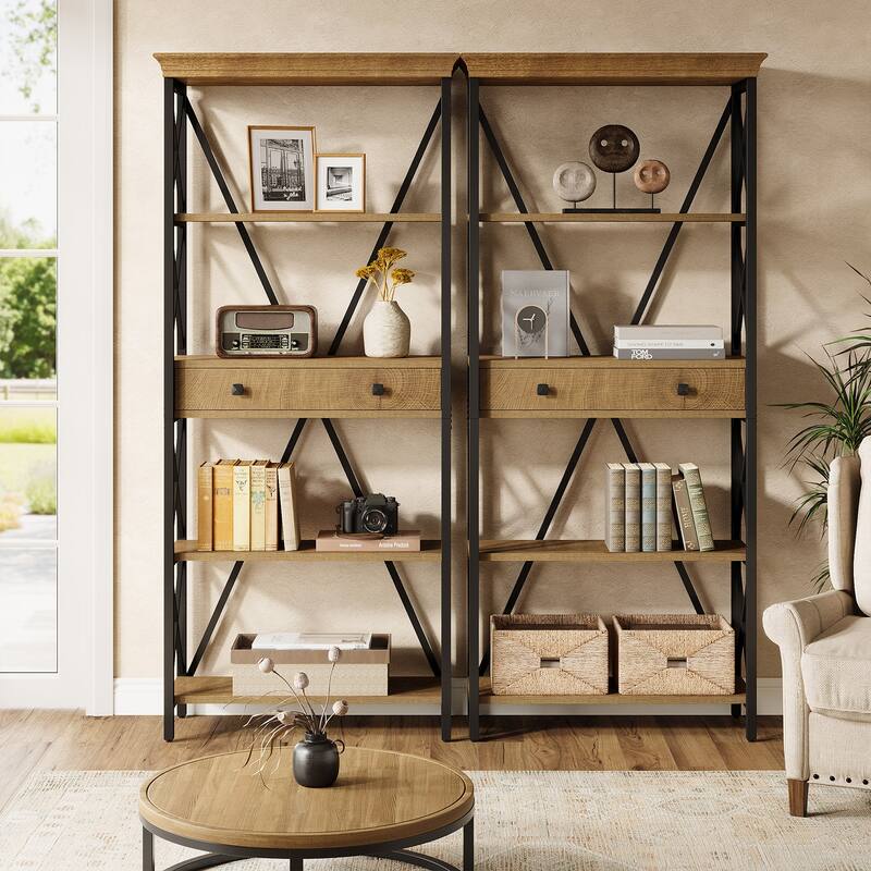 70.9" Tall Bookshelf with Drawers, Wood Metal Bookcase with Storage