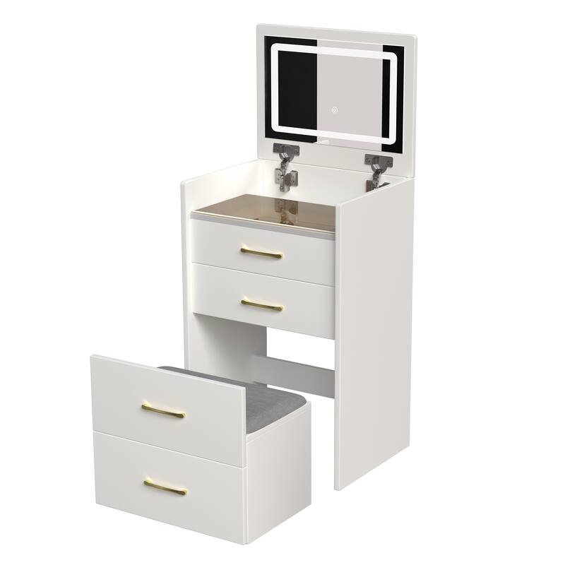 3 in 1 Makeup Vanity Convertible Desk or Nightstand, Compact Make-up Vanity Glass Desktop Dressing Table with Mirror & Stool