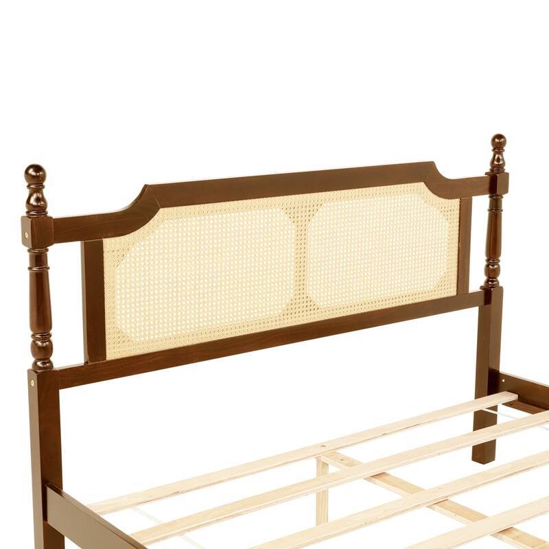 Queen Pine wooden Bed with Rattan Headboard and Footboard