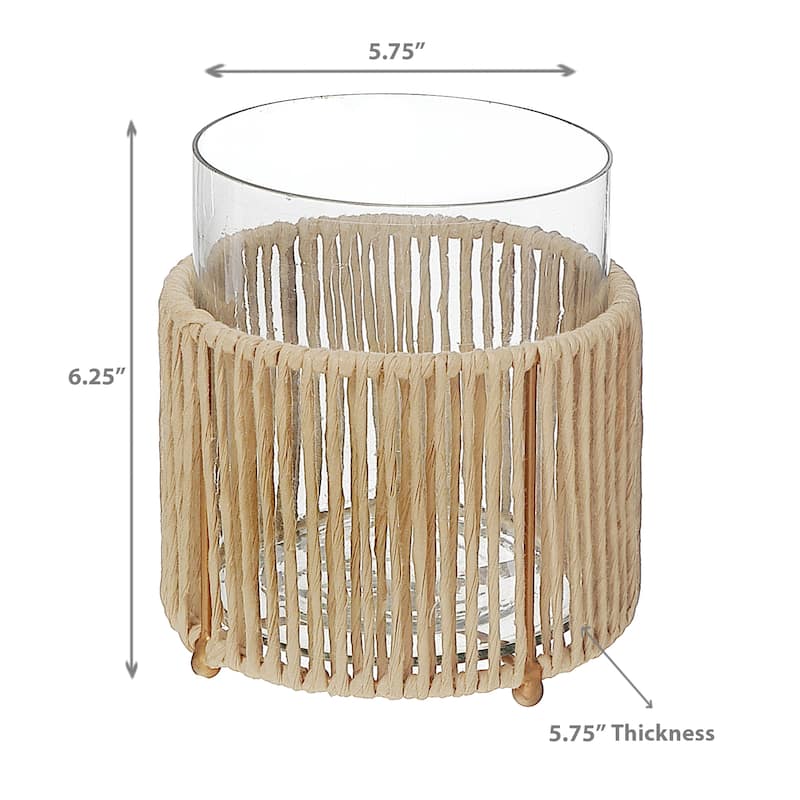 Glass Candle Holder Hurrican With Metal & Raffia Base 6.25"