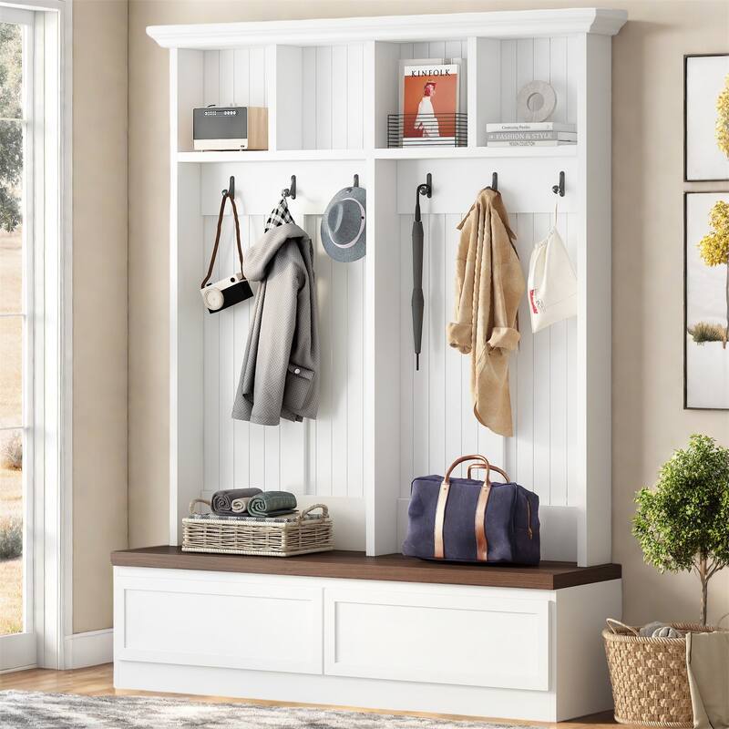 Versatile 4-in-1 Coat Rack with Wood Grain Bench and 2 Large Drawer