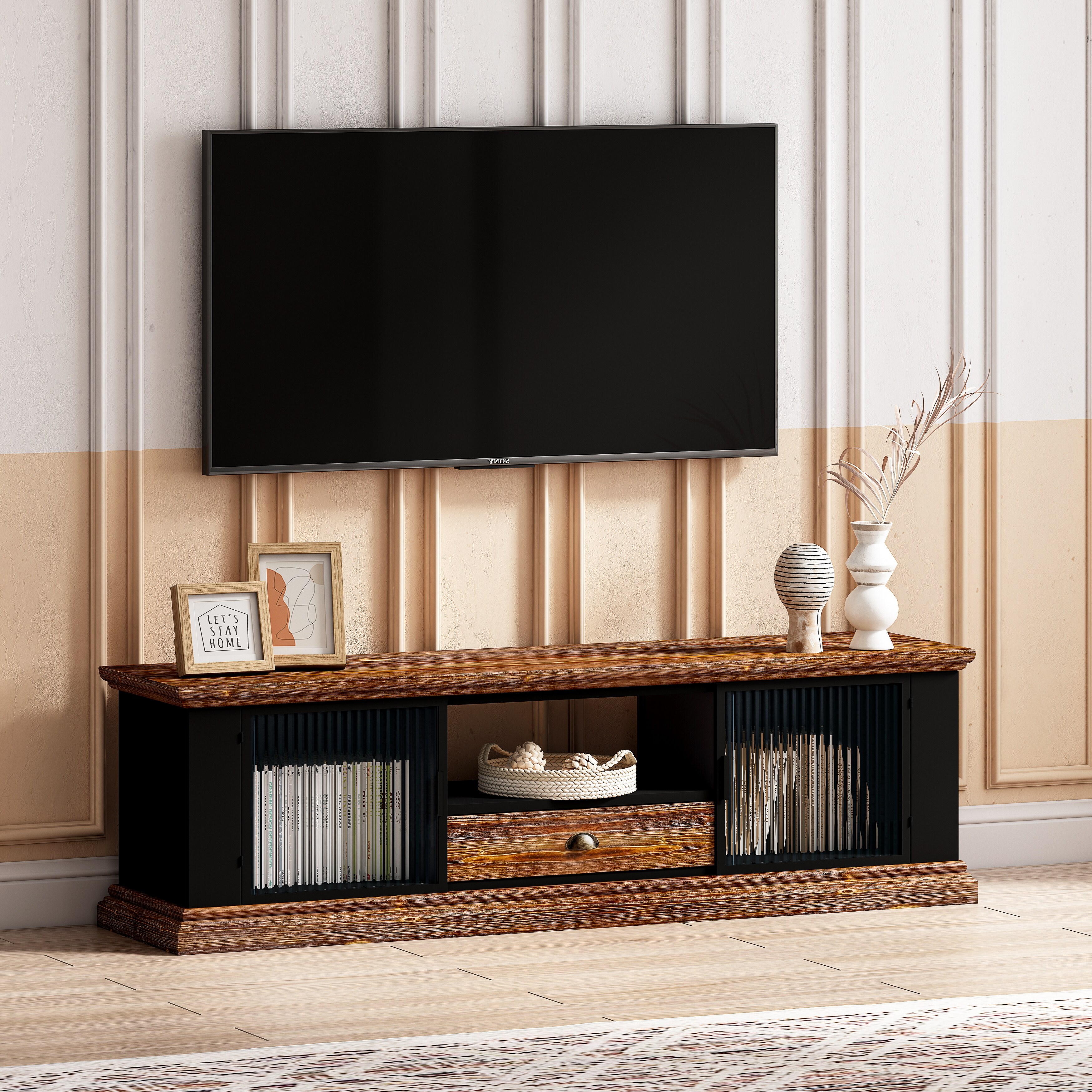 TV Stand with Rattan Door for Televisions up to 55 with Adjustable Shelves  and Storage Cabinets, Modern Entertainment Center Console Table for Living