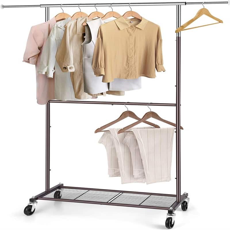 Rolling Clothes Organizer with Wheels and Bottom Shelves - 15"D x 47.5"W x 65"H - Bronze