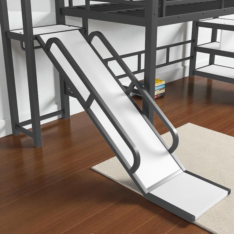 Twin/Full Metal House Loft Bed with Slide and Stairs, Kids Playhouse Bed with Roof, Storage Shelves & Guardrails