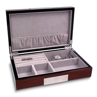 Curata Lacquered Walnut Finish with Metal Accent Velour Lined Wooden Valet Jewelry Box