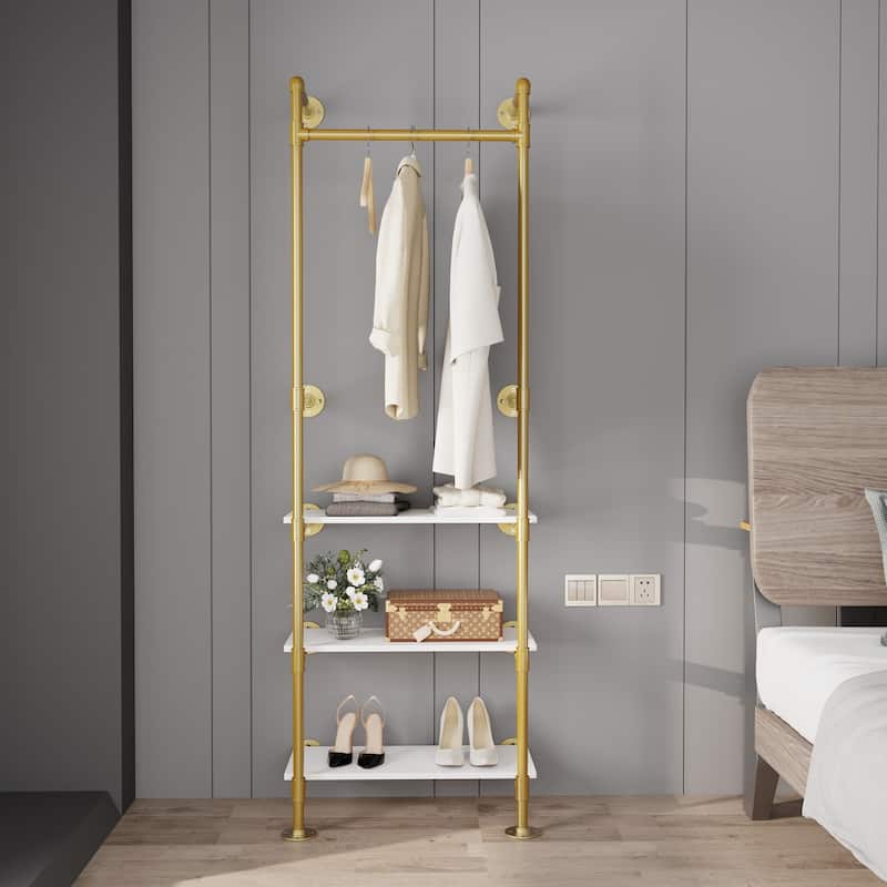 Industrial Pipe Clothes Rack Garment Stand for Walk-in Wardrobe with Shelves