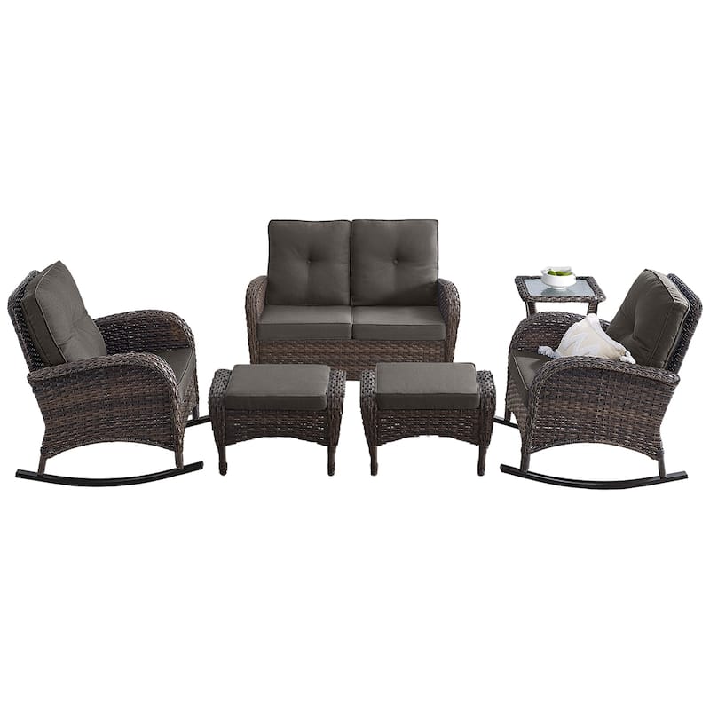Pocassy 6 Pieces Glider Sofa with Rocker Chairs Ottomans Table