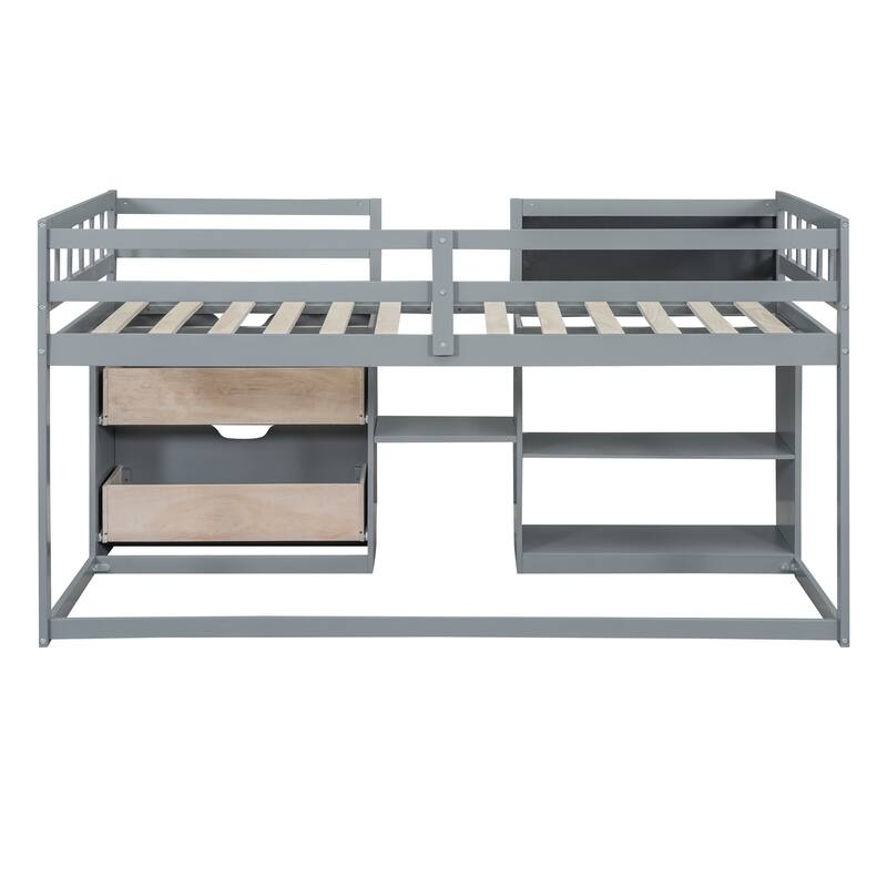 Twin Size Low Loft Bed with Rolling Desk, Shelf, and Drawers in Gray