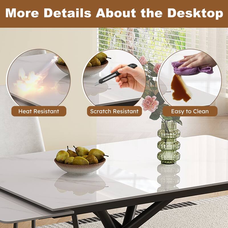 Retractable Sintered Stone Dining Table Set,with steel legs and a cross-leg structure at the bottom(Table + 4 Chairs)