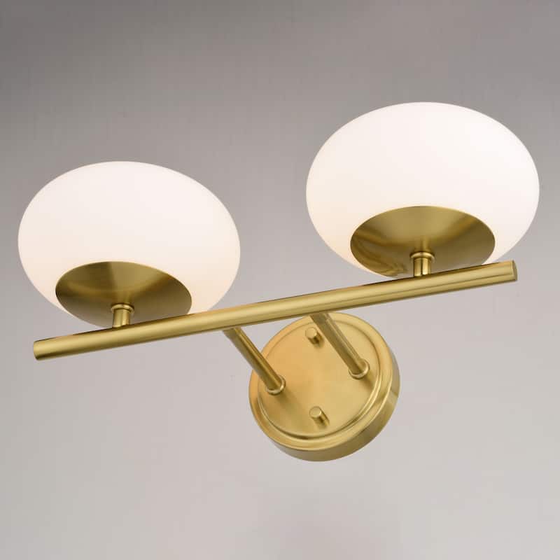 Sloane LED Gold Satin Brass Mid-Century Modern Bathroom Vanity Wall Fixture with White Glass Globes