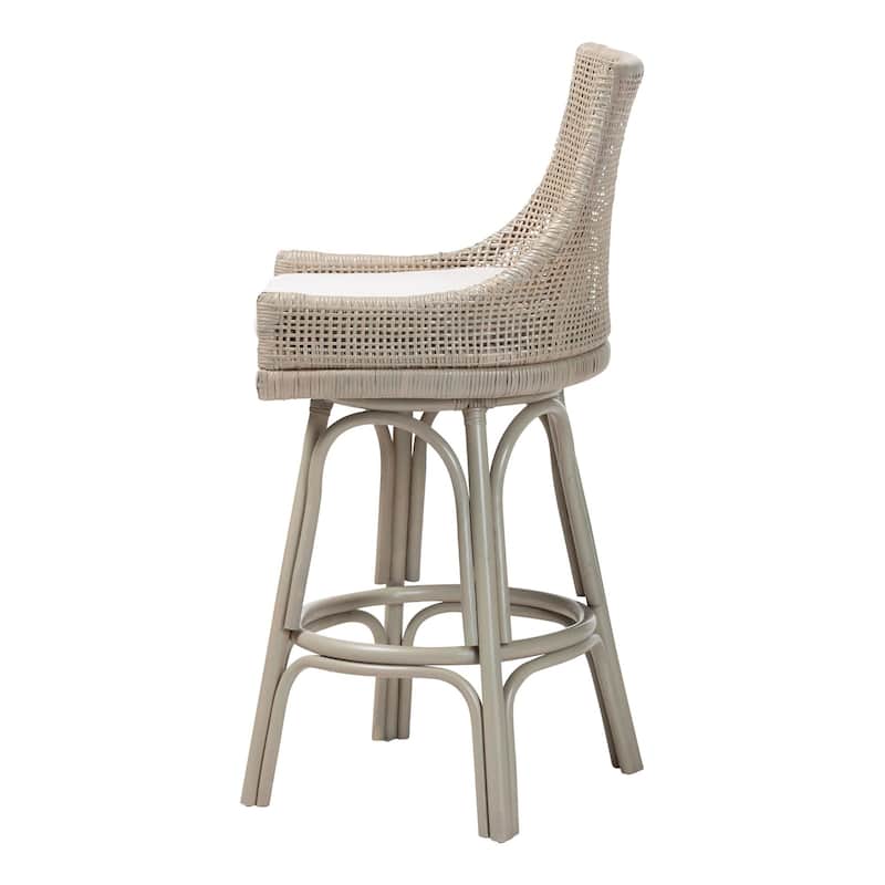 Bella Swivel Rattan Counter Stool with Cushion - Handwoven Wicker Kitchen Island Seating with Backrest and Footrest