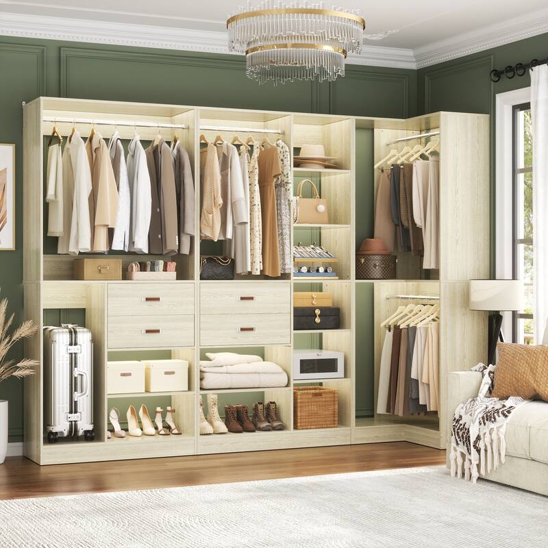 Vryon 40''W Freestanding Closet Organizer with Hanging Rod, Closet System Wardrobe with Wood Drawers