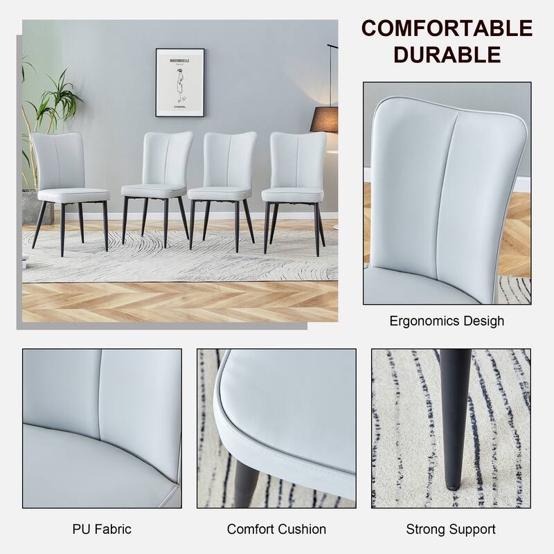 Roomfitters Minimalist Dining Chairs with Light Grey PU Seats and Black Metal Legs, Set of 4 for Kitchen or Office