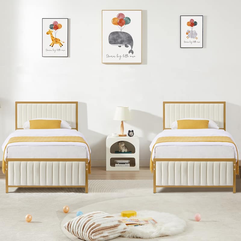VECELO Upholstered Bed Frame with Tufted Headboard & Footboard, Heavy Duty Steel Slats Platform, No Box Spring Needed