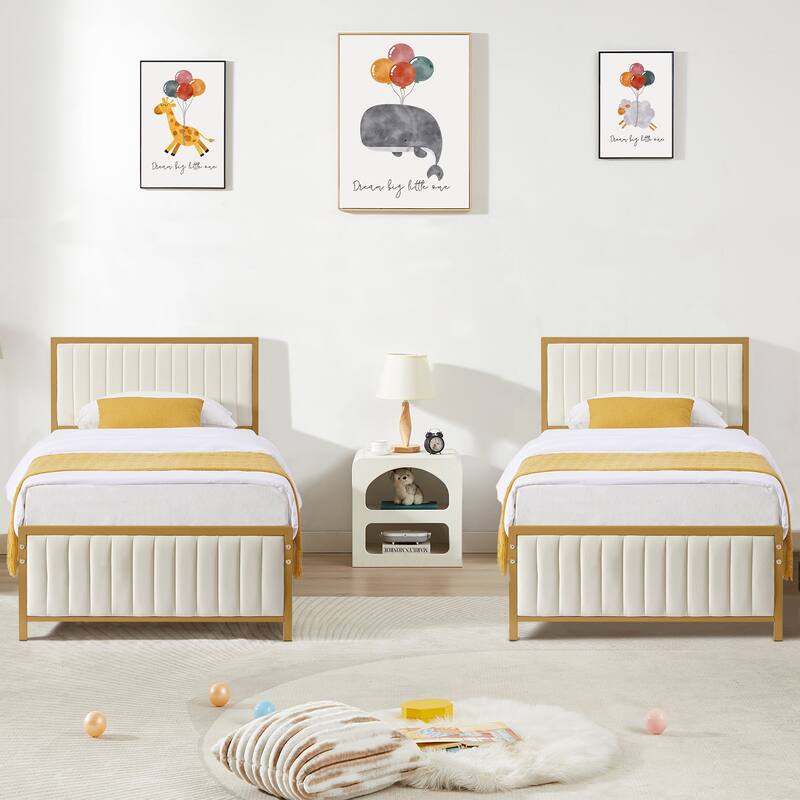 VECELO Twin Size Bed Frame Faux Leather Upholstered Platform Bed Twin Size Bed Set of 2 - Beige