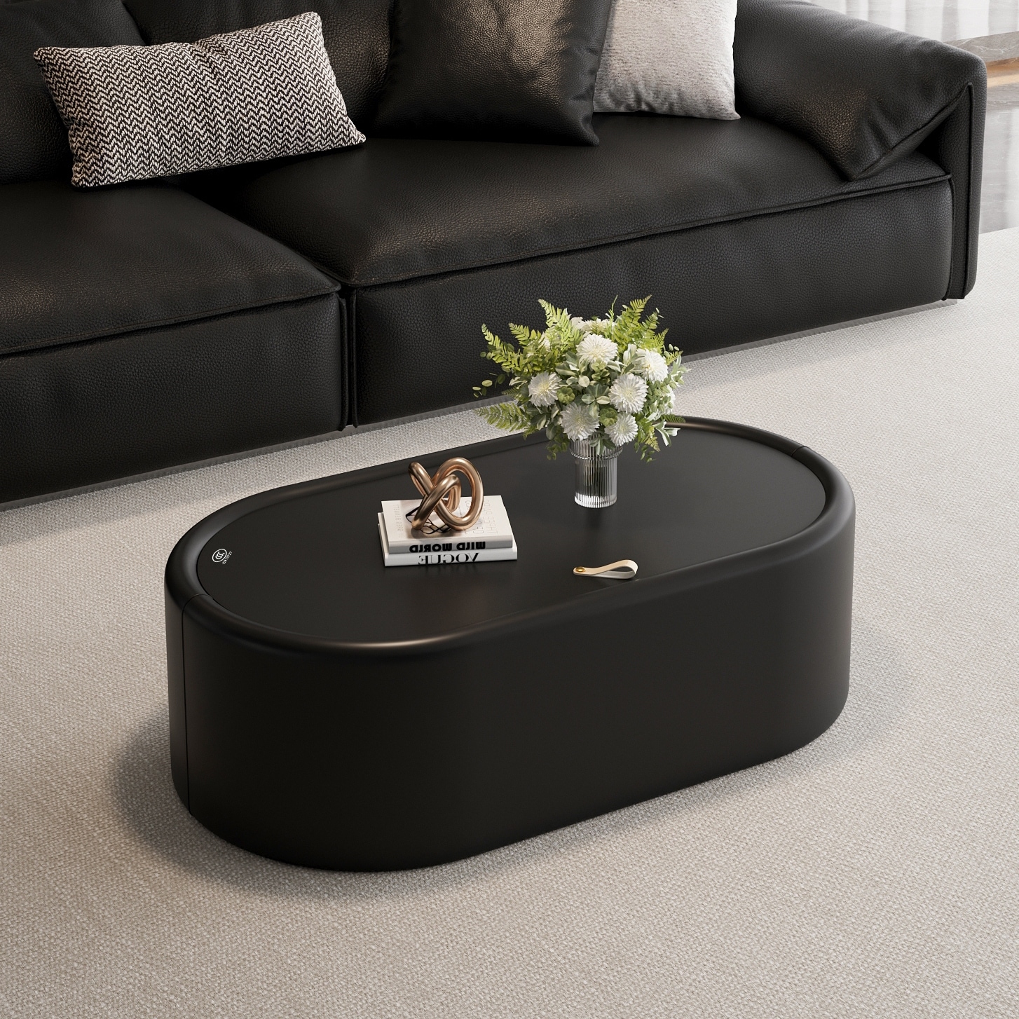 33.46" Oval Hidden Storage Coffee Table - 3C Certified Tempered Glass Top & Premium Leather Upholstered, Storage Coffee Table