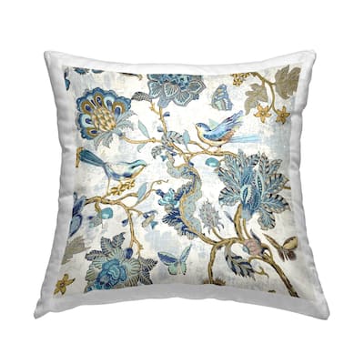 Stupell Detailed Blue Floral Birds Pattern Printed Throw Pillow Design by Reneé Campbell