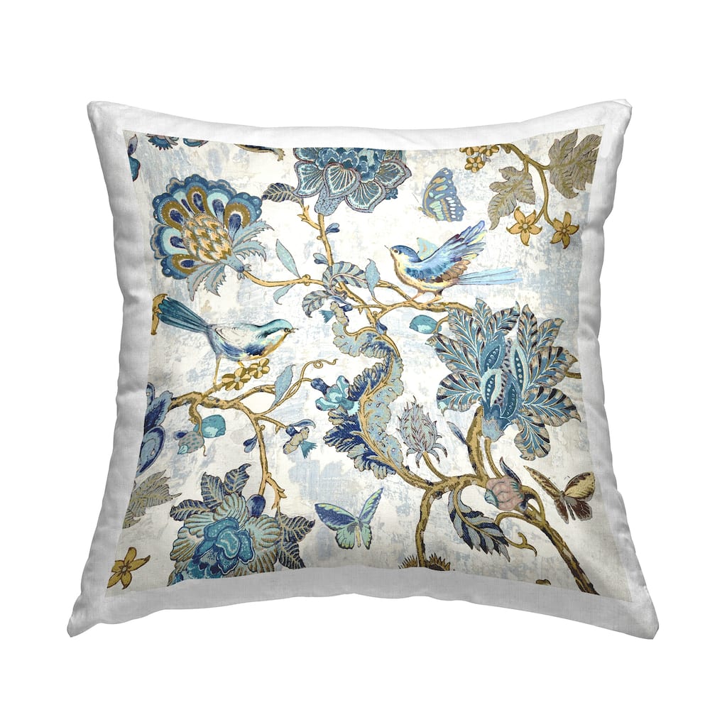 Stupell Detailed Blue Floral Birds Pattern Printed Throw Pillow Design by Reneé Campbell