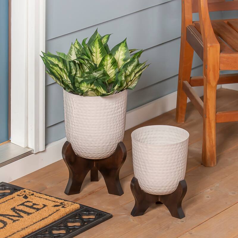 White Metal Planter with Wooden Legs (Set of 2)
