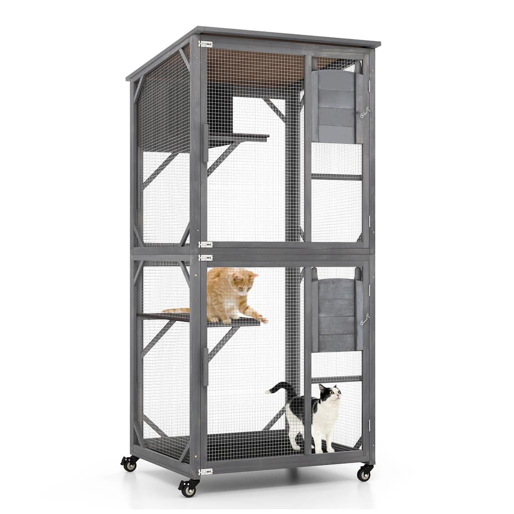72 Inch TallWooden Cat House with Weatherproof Asphalt Roof-Grey - 31.5” x 27.5” x 72”