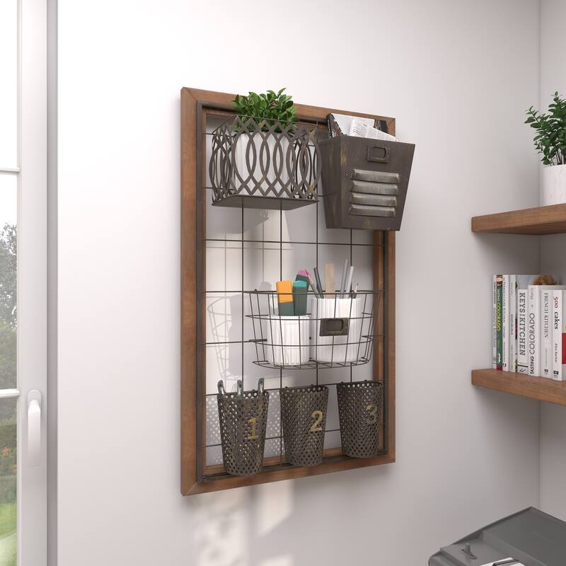 Brown Metal 1 Slot and 5 Baskets Magazine Rack Holder with Suspended Baskets and Label Slot