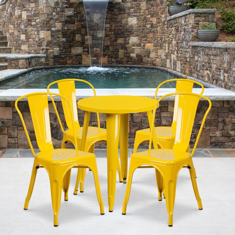 24'' Round Metal Indoor-Outdoor Table Set with 4 Cafe Chairs - Yellow
