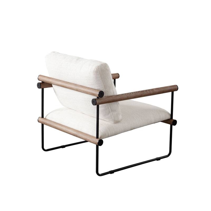 Accent Armchair, Brown Solid Wood Armrests, 31 Inch, Cream Fabric Seat
