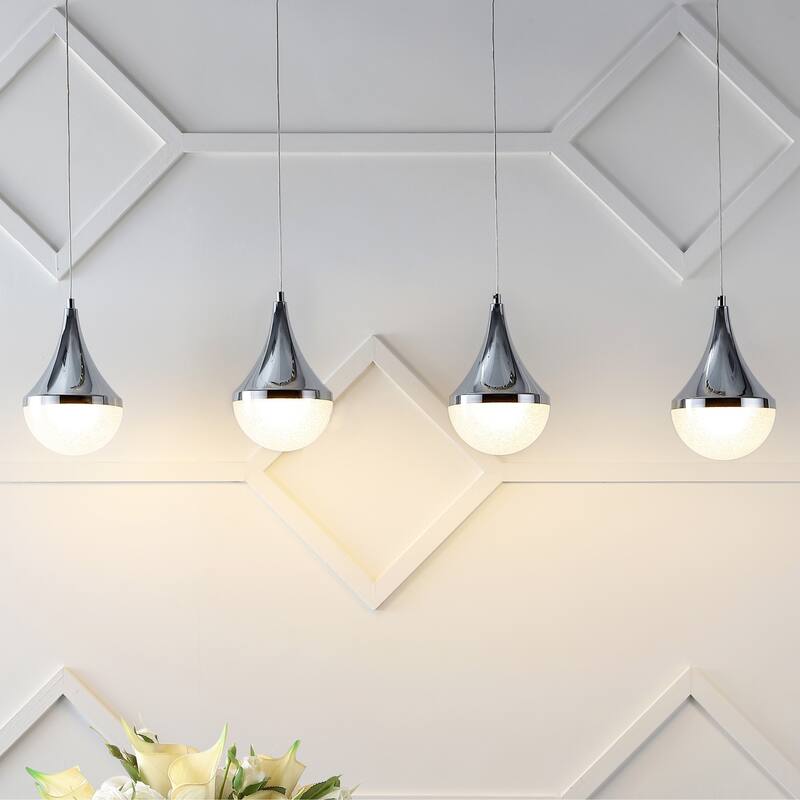 Mario Teardrop Modern Mid-Century Iron/Acrylic Integrated Linear LED Pendant, Chrome/White by JONATHAN Y
