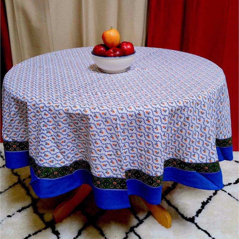 Exquisite Floral Vine Cotton Tablecloth Collection - 88-in Round - Blue White