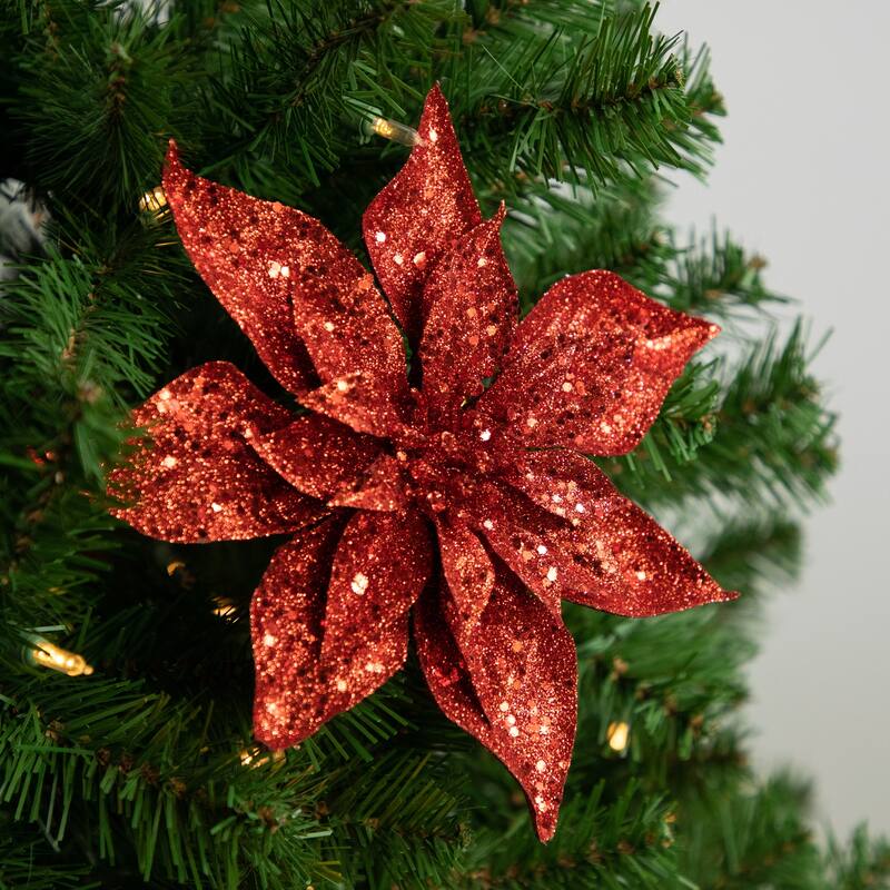 Artificial Glittered Poinsettia Christmas Floral Pick Clip-On Ornament - 9" - Red