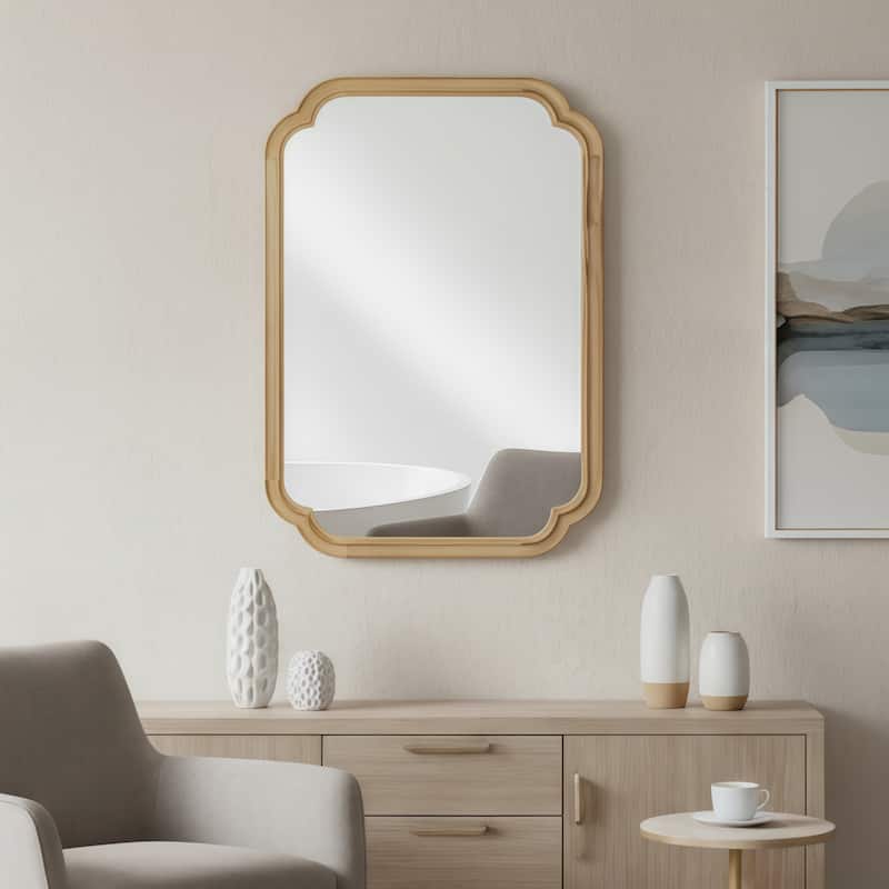 GDFStudio - Solvane Solvane Handcrafted Solid Wood Rounded Corner Decorative Wall Mirror with Sculpted Frame & Dual Hanging - Natural Wood - 20" x 30"