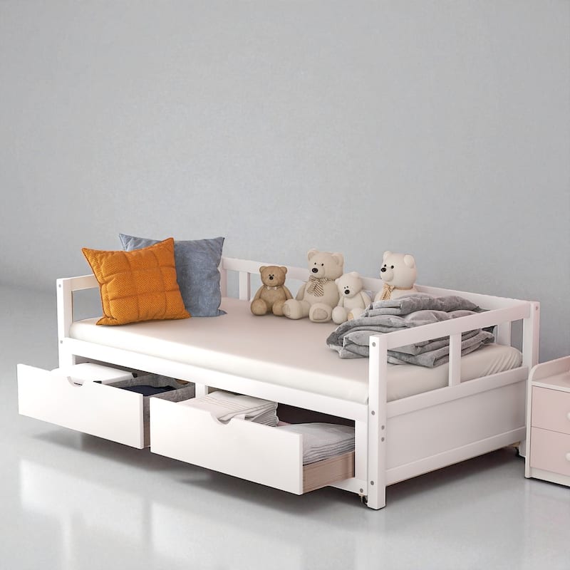 Extendable Wooden Daybed with Trundle and Storage Drawers, Twin to King Size, Sofa Bed with Slats - White - Twin