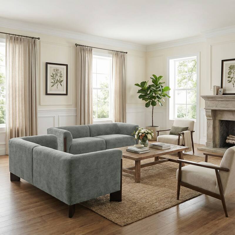 2 Set Modern Deep Seat Tuxedo Arms Sofa Loveseat