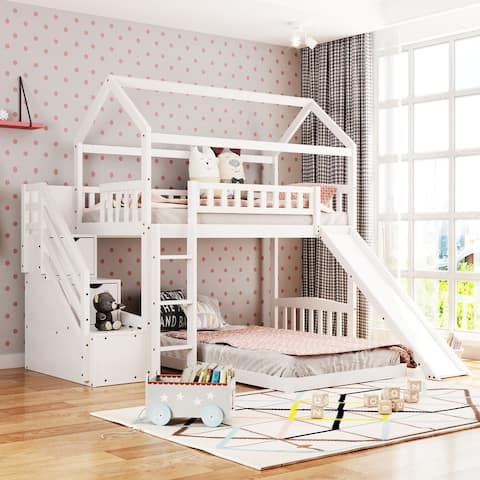 Twin Over Twin Bunk Bed with 2 Drawer&Slide,House Bed with Slide,White