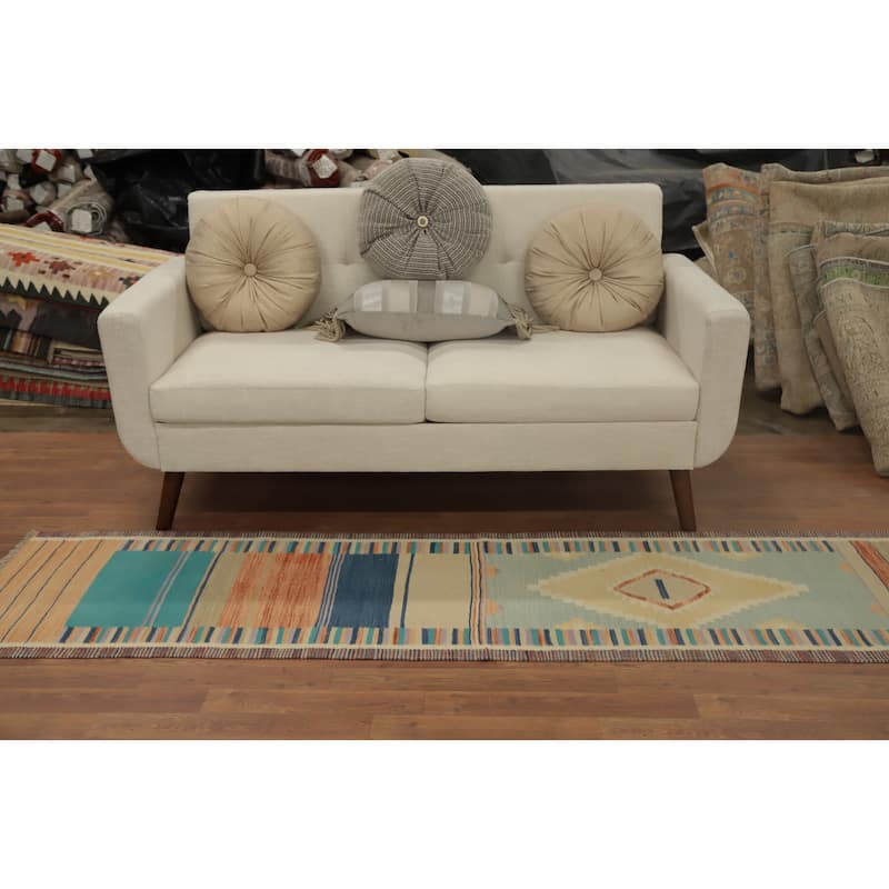 Hand Woven Oriental 100% Wool Carpet Southwestern Tribal Multi-Colored Kilim Runner Rug - 8' 1'' X 2' 0''