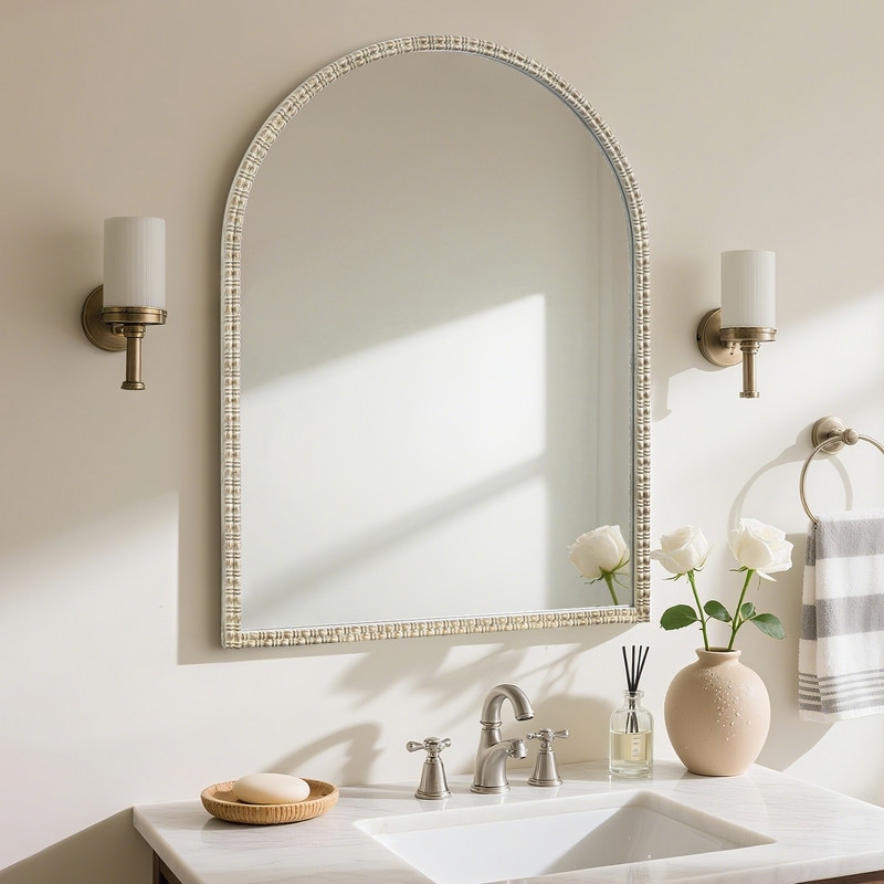 White&Gold Arched Antique Mirror with Ornate Frame for Vanity