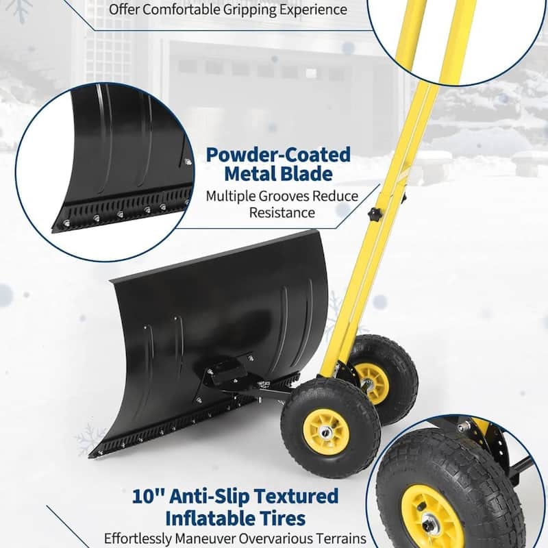 29.13x19.8 in Heavy Duty Rolling Snow Pusher Shovel for Driveway, Doorway, Sidewalk