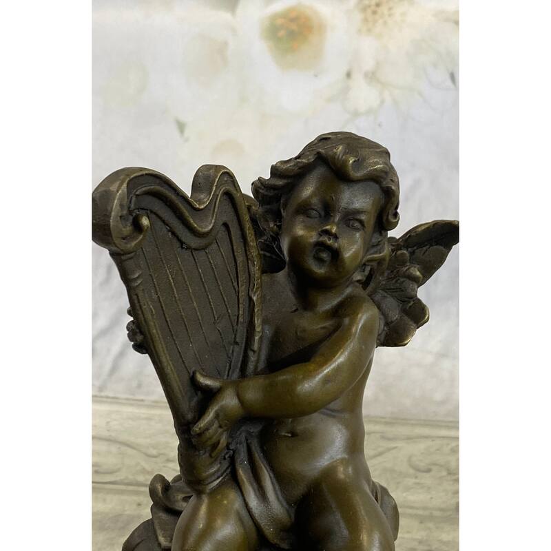 Bronze Cherub Playing Harp Cherubim Statue Sculpture Figure Moreau 8 Inches X 5 Inches
