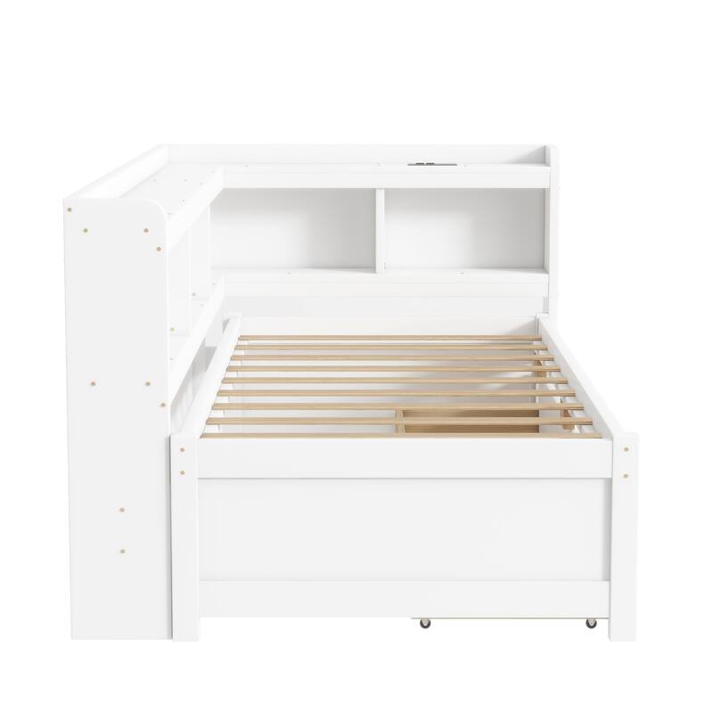 Twin Size L-shaped Bookcases Bed with Power Outlets, USB Charging Ports