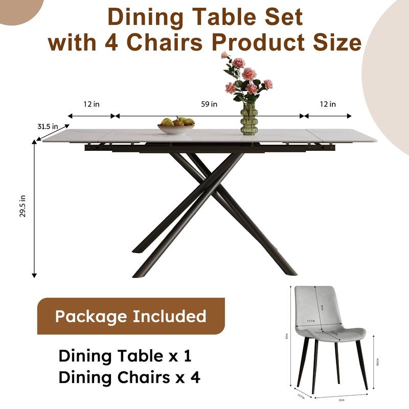 Retractable Sintered Stone Dining Table Set,with steel legs and a cross-leg structure at the bottom(Table + 4 Chairs)
