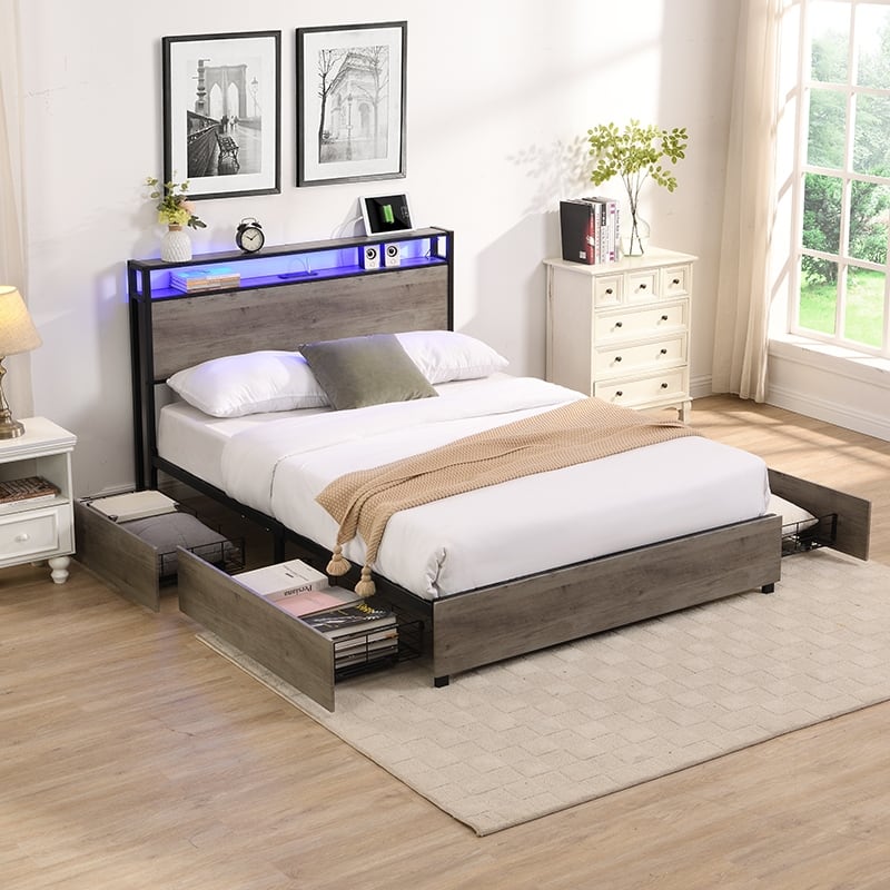 Full Size Storage Bed Frame with LED Lights, USB Charging Station & Noise-Free Design - Antique Gray
