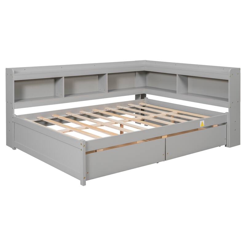 Full Bed with L-Shaped Bookcase and Storage Drawers, Space-Saving Design