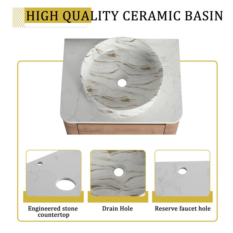 24'' Wall-Mounted Bathroom Vanity With Ceramic Art Sink & 1-Soft-Close Door,KD-Packing, Plywood