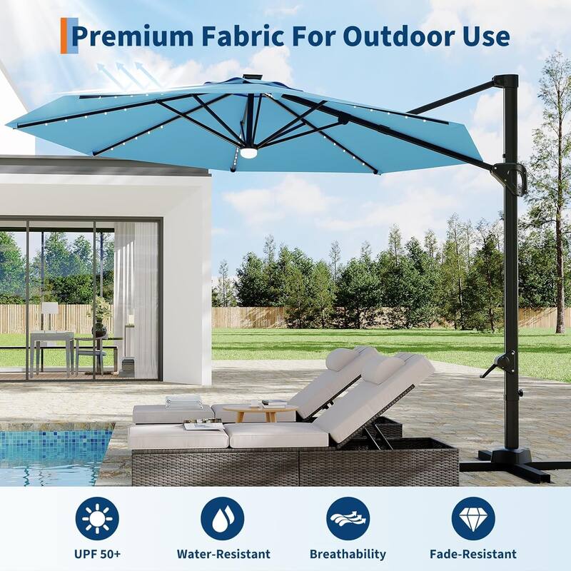 10FT Cantilever Patio Umbrella with Solar Lights, 360° Rotation Offset Umbrella